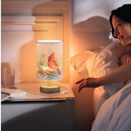 Winter Red Bird Green Pine Needle Red Berries Bedside Table Lamps with USB Port for Bedroom Lamp Accent Table Lamp Small Nightstand Lamp Sturdy Linen Shade Wood Decorative Lamps for Home|Kids|Holiday