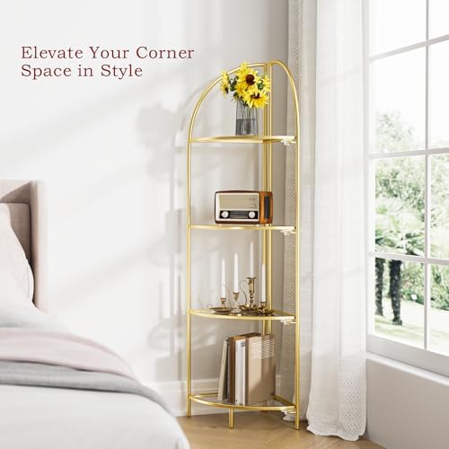 Crofy 4-Tier Foldable Corner Shelf, Metal Gold Frame & Transparent Shelves