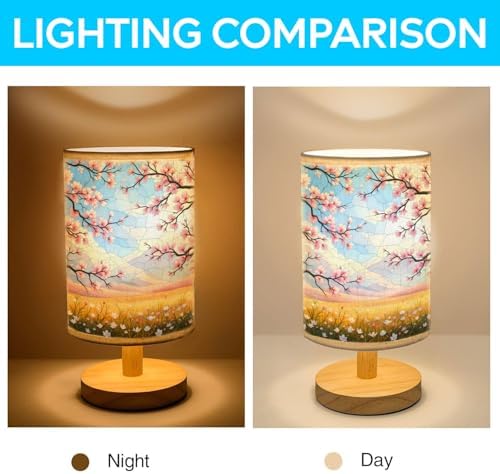 Cherry Blossom Field in Full Bloom Table Lamp LED 3-Color Pressed Bedside, Cherry Blossom Field in Full Bloom Shade Lamp with Wood Base for Bedroom Living Room Desk Office TL01