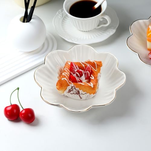 VanEnjoy 2 Pcs 6 Inch Ceramic Candy Dish - White Decorative Bowl With Golden Flower Rim for Office, Wedding, Party, Home - Porcelain Serving Bowl for Snacks, Fruit
