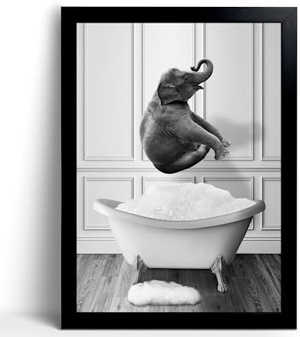 calmart Funny Elephant Wall Art - Washing Elephant In Bathtub Pictures for Wall Animal Paintings Please Seat Yourself Sign Framed Artwork Rustic Canvas Print Decor