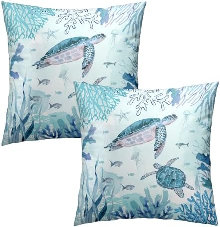 Set of 2 Sea Turtle Throw Pillow Cover 20x20 inch Nautical Coastal Ocean Coral Decorative Pillowcase Underwater Tropical Ocean Teal Blue Summer Cushion Covers for Home Couch Sofa