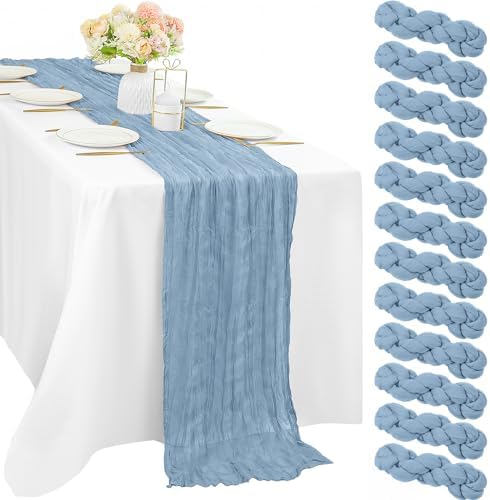 12 Pcs Dusty Blue Cheesecloth Table Runner 10FT Runner for Tables 35 x 120 Inches Long Gauze Boho Fabric Table Runner Decoration Rustic Sheer Runner for Wedding Birthday Baby Shower Party (Dusty Blue)