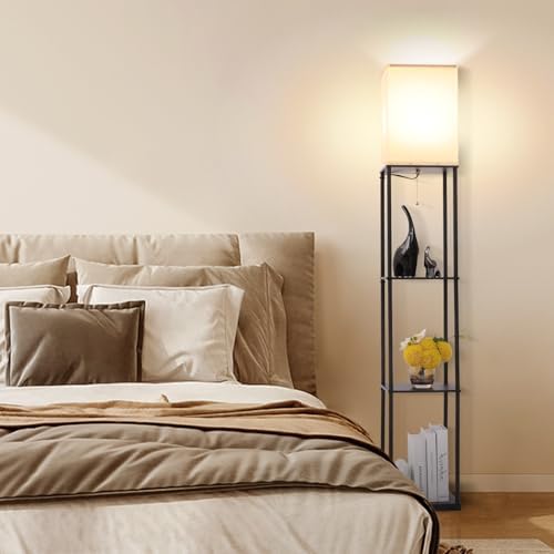 Gupuzm Floor Lamp with Shelves, Modern Square Standing Lamp with 3 Color Temperature Bulb, Corner Display Bookshelf Lamp for Living Room, Bedroom and Office (Black)