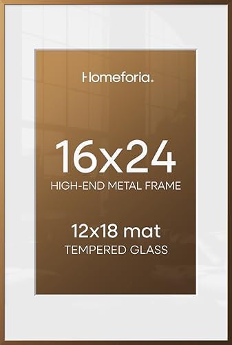 Homeforia 16x24 Bronze Picture Frame, High-End Metal, 12x18 Mat, Glass