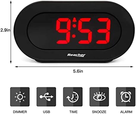 REACHER Small Dimmable LED Digital Alarm Clock with USB Charger