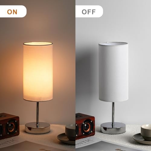 Small Table Lamp for Bedroom Nightstand, Round White Fabric Shade and Silver Metal Base, Modern Minimalist Bedside Lamps for Dresser, End Table, Office, College Dorm, Warm Light, 5W LED Bulb Included