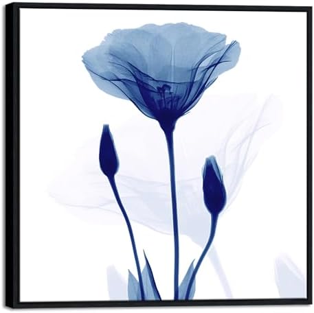 Pyradecor Framed Blue Xray Transparent Flower Canvas Wall Art, Minimalist Translucent Floral X-Ray Art Print, Modern Navy Blue Botanical Picture with Black Frame Ready to Hang for Bedroom Living Room Bathroom Home Decor