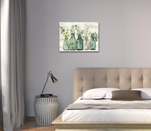 Yaoliyu Bathroom Decor Eucalyptus Flower Canvas Wall Art Green Botanical Prints Plant Floral Glass Vase Painting Rustic Bathroom Picture Wall Decor Farmhouse Artwork 12x16inch