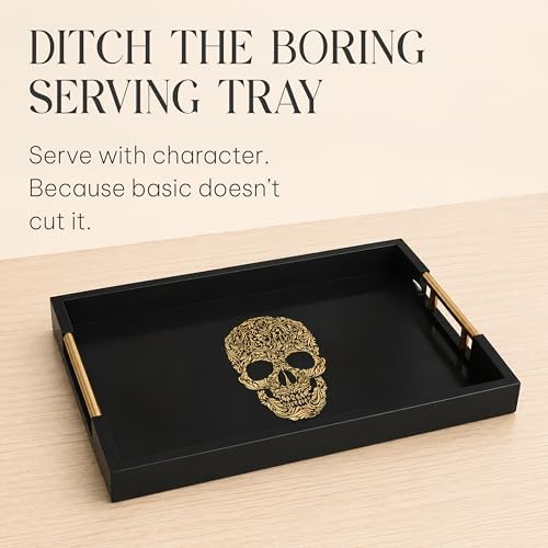 Gothic Skull Serving Tray, Black Gloss, Gold Handles by Death Decor