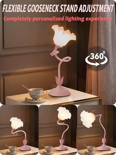Flower Table Lamp, LED Reading Light Bedside Vintage Night Light (Pink)