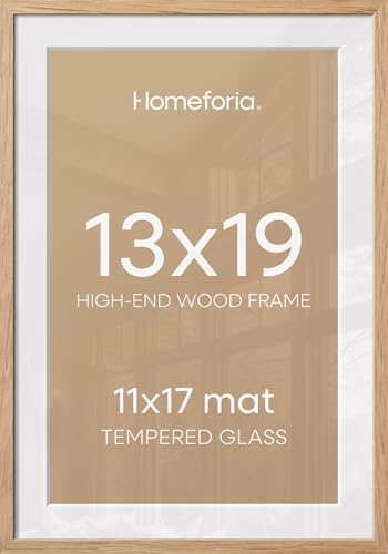Homeforia 13x19 Natural Oak Picture Frame, High-End Wood, 11x17 Mat, Glass