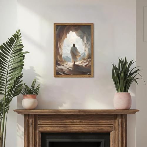 Jesus Leaves the Tomb Wall Art Easter Christian Wall Decor Painting Jesus Resurrection Artwork Religious 3D Textured Hand Drawn Sandstone for Bedroom Living Prayer Room 12x16 inch Wood Framed