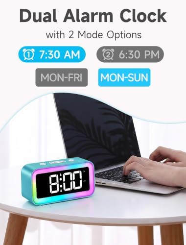 Cadmos Loud Alarm Clock for Bedrooms with Dynamic RGB Night Light,Heavy Sleepers Adults,Dual Alarm,Dimmer,USB Charger,Small Bedside Digital Clock with LED Display for Kids,Teens,Seniors (Blue)