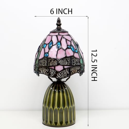 Tiffany Stained Glass Mushroom Table Lamp 12.5 Inch -Pink Dragonfly