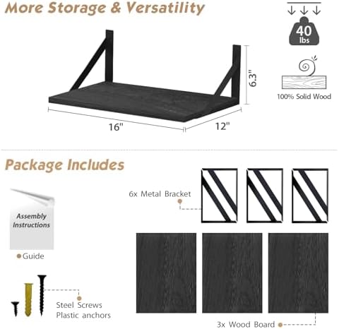 Forbena 12 Inch Deep Floating Shelves for Wall, Wide Black Wall Mounted Shelves for Bedroom Office Books Plants, Large Hanging Shelf for Living Room Bathroom Kitchen Closet Pantry Storage (3-Pack)