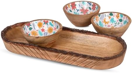 Natural Wooden trays, Serving Bowl for Salad, Veggies and Fruits, Large Deep for Family, Party (Tray - Set of 3 bowl)