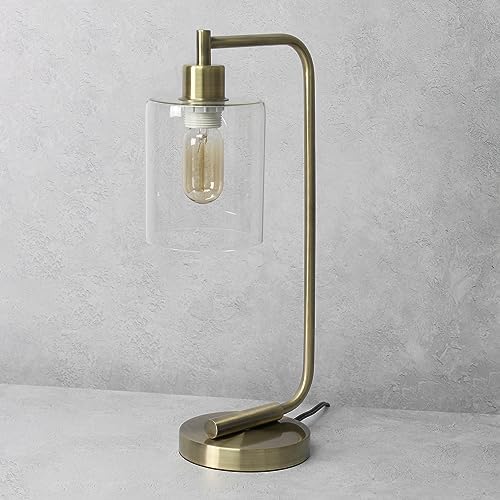 Simple Designs LD1036-ABS 18.8" Industrial Vintage Bronson Antique Style Industrial Iron Lantern Desk Table Lamp with Glass Cylinder Shade for Home Décor, Office, Living Room, Bedroom, Antique Brass