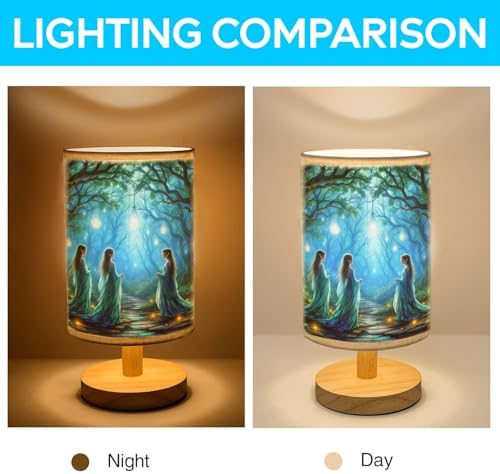 Elves in an Enchanting Table Lamp LED 3-Color Pressed Bedside, Elves in an Enchanting Shade Lamp with Wood Base for Bedroom Living Room Desk Office TL01