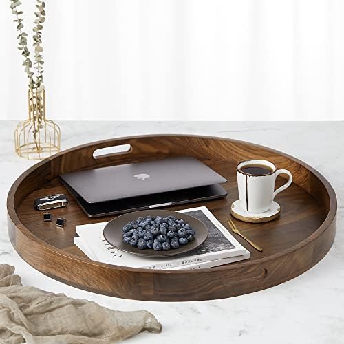 26" Round 2XL Handmade Black Walnut Wood Ottoman Tray with Handle