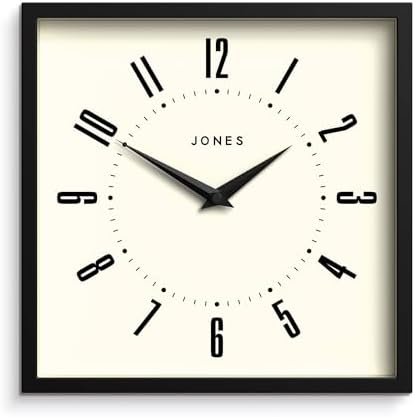 JONES CLOCKS® Box wall Clock | Retro Square Clock | 10" | Black | Easy to Read Numbers | Perfect Kitchen Clock or Office Clock