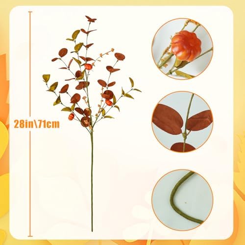 Uieke 8PCS Artificial Fall Eucalyptus Stems, 28inch Fall Eucalyptus Leaves Branches with Orange Pumpkins Long Stems Fall Decorations for Home Autumn Florals Arrangement Thanksgiving Decor