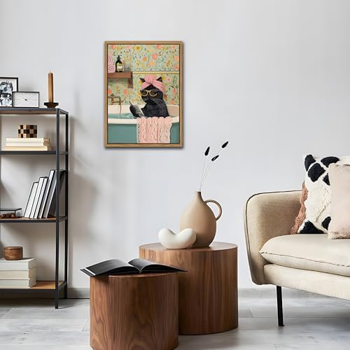 Floating Framed Bathroom Cat Canvas Wall Art, Funny Black Cat Reading Wall Decor, Cute Animal Prints Pictures Posters for Living Room Bedroom Toilet Kids Room Paintings 16x24 inch