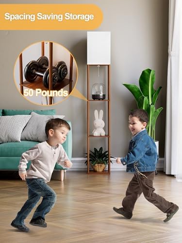 PARTPHONER Floor Lamp with Shelves for Living Room Walnut Brown 2 Pack, Shelf Floor Lamp with 3 CCT LED Bulb, Corner Display Standing Column Lamp Etagere Organizer Tower Nightstand for Bedroom