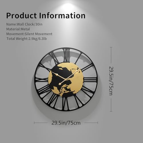 Large Wall Clocks for Living Room Decor，World Map Large Round Wall Clock 30 Inches Or Larger Clock for Office/Living Room/Kitchen/Dining Room Decor