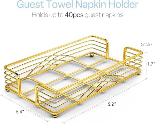 Guest Hand Towel Holder Tray for Bathroom Countertop, Gold Metal