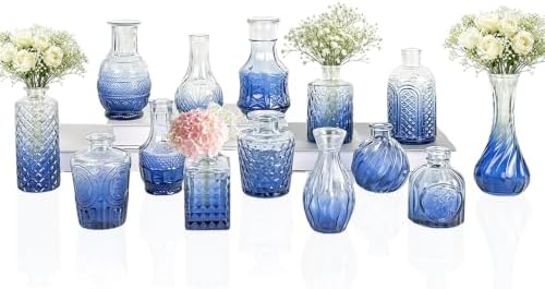 Clear Gradient Blue Glass Bud Vase Set of 14 Pcs,Small Bud Vases in Bulk,Glass Crystal Flower Vases Table Centerpieces for Party Event Wedding Decor Baby Shower Decorations (Gradient Blue, 14 Pcs)