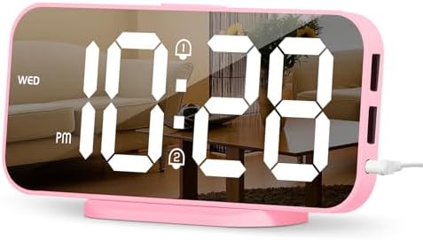ALANAS Pink Mirror Digital Alarm Clock for Girls & Teens, Dual Alarms, Snooze, Adjustable Brightness, 2 USB Ports, Weekday Display, Cute Bedside Clock for Kids, Bedroom, Desk, Dorm, Gift Idea