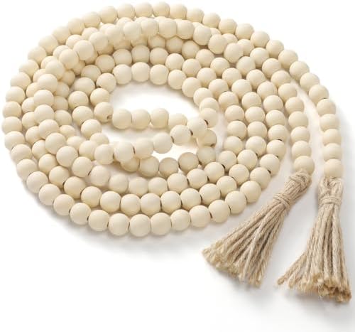 Equsion Rustic Wood Bead Garland with Tassel Farmhouse,Natural Wood Color