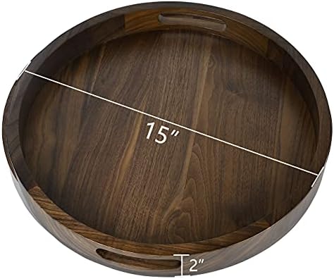 15" Round M-Small Black Walnut Wood Ottoman Tray with Handle