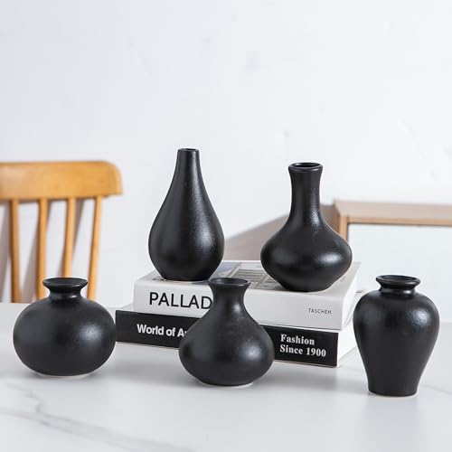 Black Ceramic Bud Vase Set of 5, Mini Vases for Flowers, Decorative Small Vases for Home Decor, Boho Wedding Centerpieces, Living Room, Dining Table & Shelf Decor