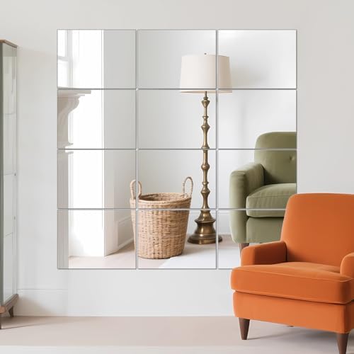 Wall Mirror Tiles, 16" x 12" x 12PCS Home Gym Mirror Tiles Frameless Glass | Workout Mirror Tiles for Garage, Bedroom, Living Room, Over The Door, Frameless Mirror Sets
