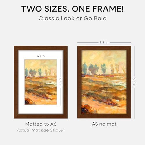 Homeforia A5 Brown Oak Picture Frame, High-End Wood, A6 Mat, Glass