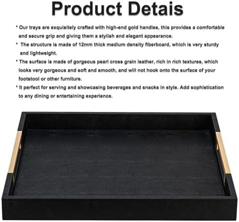Black Faux Leather Decorative Serving Tray with Handles – Large Square for Coffee Table, Ottoman, Living Room & Bathroom Home Decor