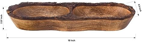 Natural Wooden Tray, Serving Bowl for Salad, Veggies and Fruits, Large Deep Tray for Family, Party (Bark Edge with Two Compartments)