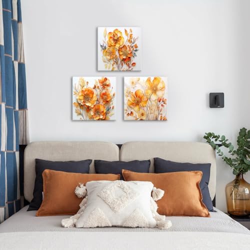 AIYISU Orange Flowers Wall Art for Living Room Decor Abstract Wildflower Canvas Paintings Fall Nature Floral Prints Pictures Modern Autumn Artwork for Bathroom Bedroom Home Decorations 20x20 3Pcs