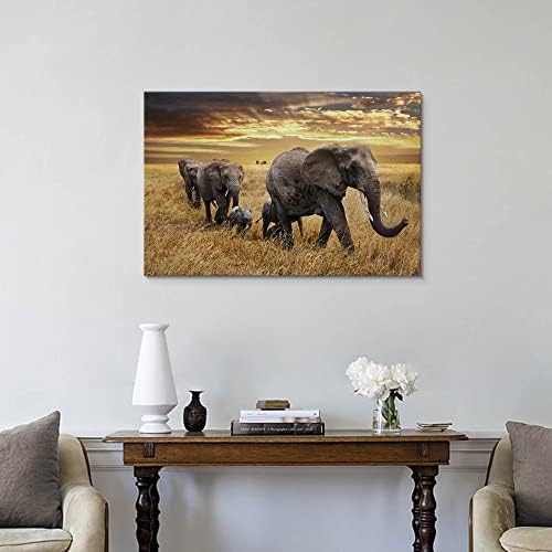Elephant Canvas Picture Wall Art: Elephant Family Migrate Painting yellow Autumn Sunset Prints Panoramic Animals Wildlife Decorations For Living Room Bedroom Decor 36x24