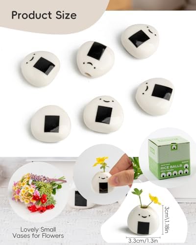 6 PCS Cute Handmade Ceramic Mini Vases - Japanese Onigiri Rice Ball Design for Dried Flowers and Small Stems, Adorable Mini Table Decor, Unique Japanese Craft Gift