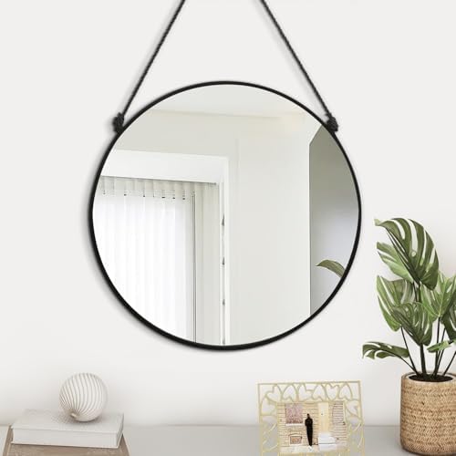 Circle Hanging Wall Mirror Round Mirror for Bathroom Black | Small Wall Mounted Mirror, 16'', Modern Home Decor, For Living Room Bedroom Entryway Hallway Washroom Dorm