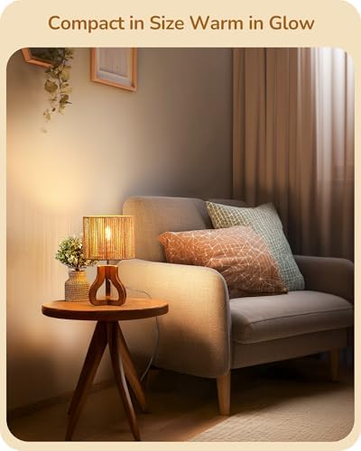 EDISHINE Small Table Lamp, Rose Wood Base, Handwoven Paper Rope Shade, E26