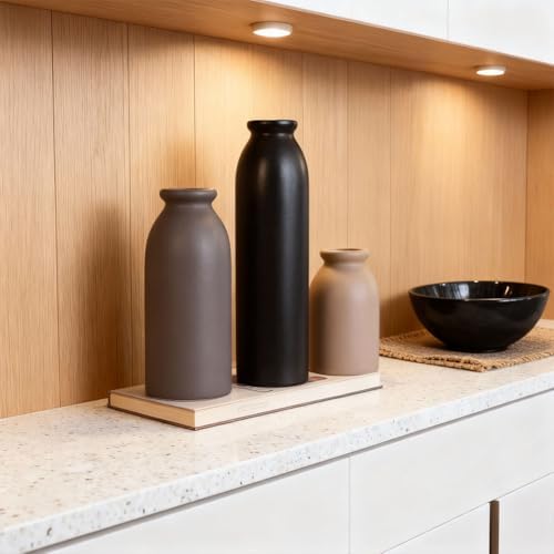 Matte Ceramic Vase Set of 3 - Modern Rustic Farmhouse Style, Decorative Vases for Dining Table, Shelf, Bedroom, Living Room, Kitchen, Office, Bathroom, Mantle, Centerpiece Décor (Neutral)