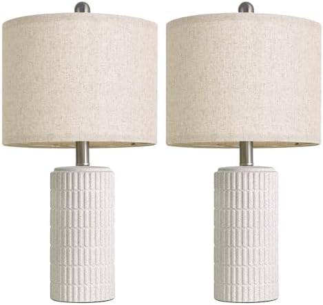 PoKat 20.75" Stone-Like Farmhouse Ceramic Table Lamps Set of 2 for Bedroom, White Bedside Lamps for Night Stands, Matte-Textured Decor Nightstand Table Lamps for Living Room End Table White