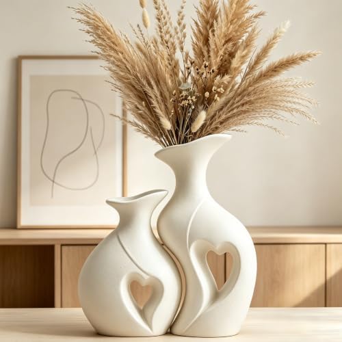 Heart Shaped Flower Vase Set Wabi Sabi Boho Ceramic Vases (White) | Coffee Table Vase, Couples Wedding Gifts, Decorative Vases, Home Decor Vase for Pottery Engagement Living Room Dining Shelf