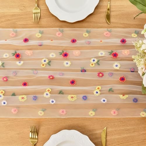 FEXIA Table Runner 10FT Floral Gauze Tea Party Decorations Embroidery