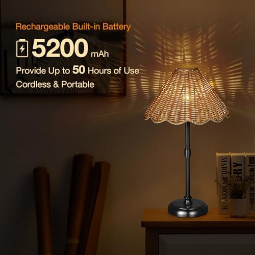 Cordless Boho Rattan Table Lamp Black, 5200-mAh Rechargeable Battery, 3-Level Brightness Dimmable, Build-in Integrated LED 320 Lumen Max, Rattan Shade, for Bedside Restaurant Dining Table