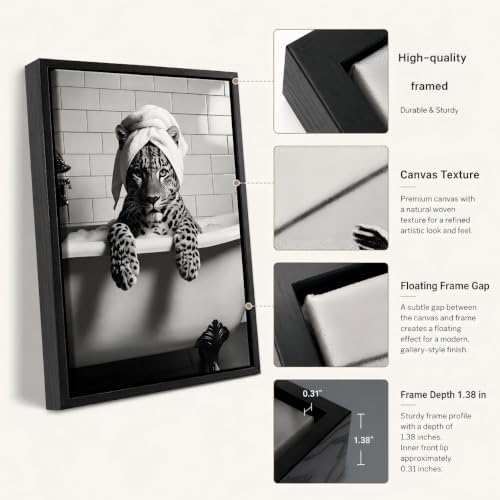 Framed Leopard In Bathtub Canvas Wall Art Trendy Black and White Bathroom Animal Wall Decor Picture Funky Maximalist Leopard Bathroom Aesthetic Poster Print for Restroom Toilet Decoration 8x10in